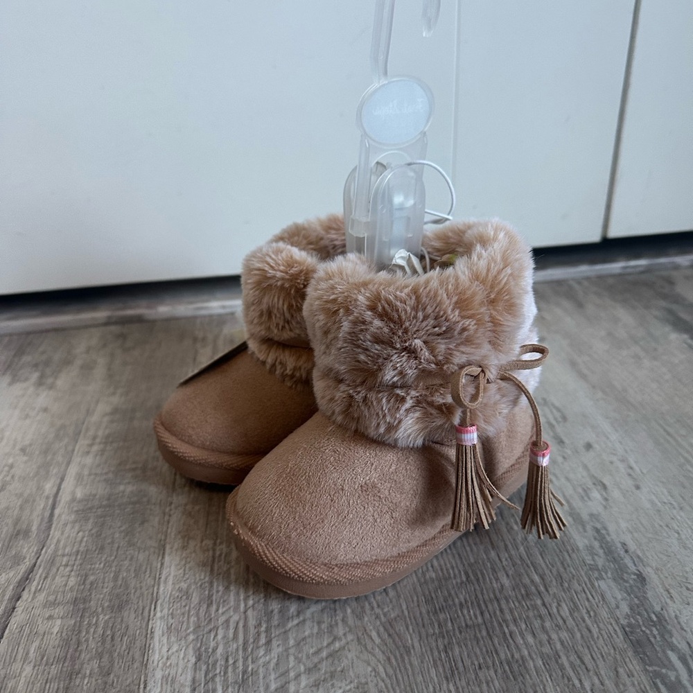 Cozy Tan Kids Shoes with Faux Fur Trim